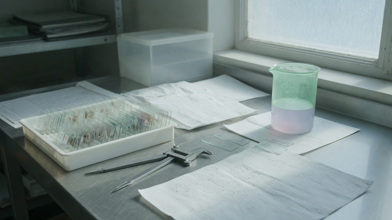 Quiet lab bench with glass slides, steel calipers, and mint glass on graph paper